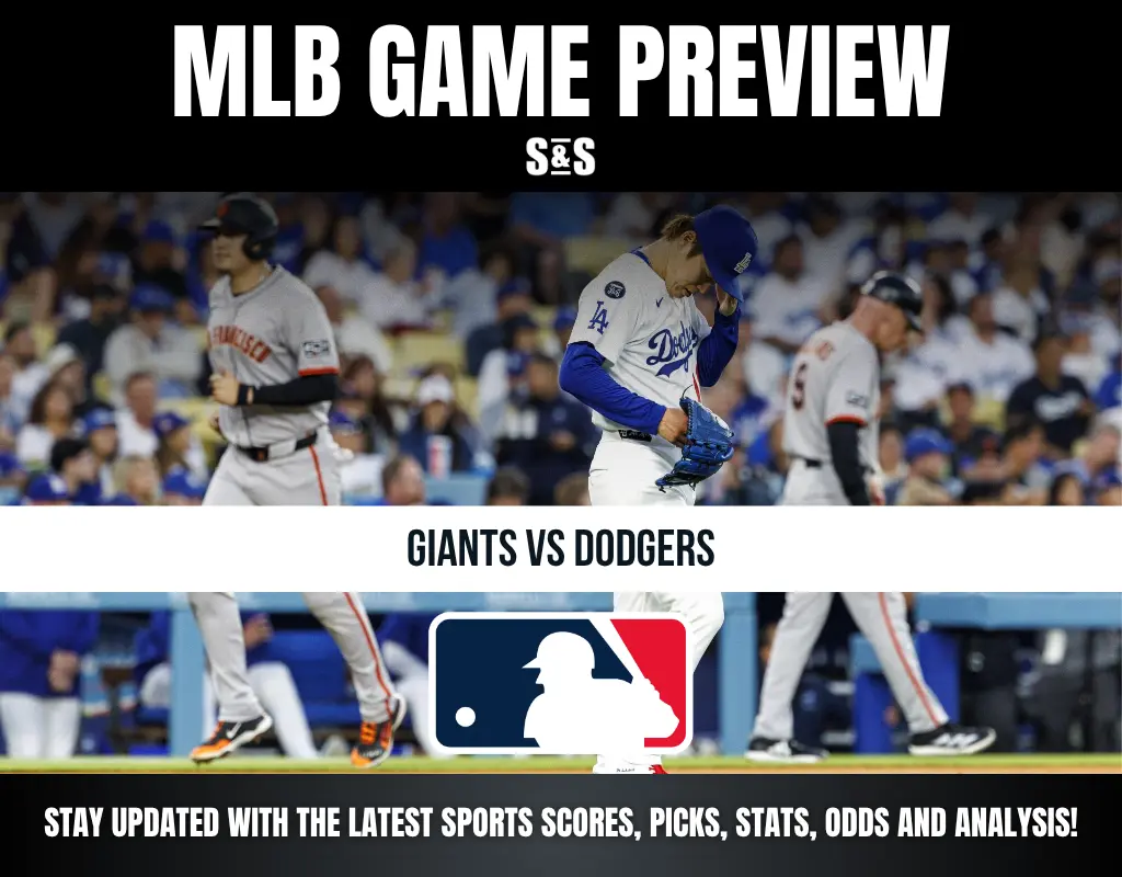 MLB game preview featuring Giants vs Dodgers with players on the field and logos, promoting latest sports scores and analysis.