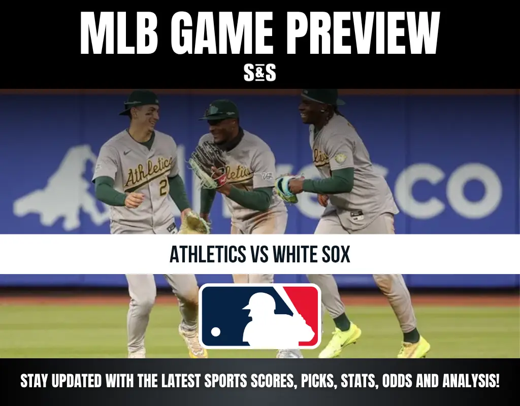 Three Oakland Athletics players celebrating on the field with text previewing an MLB game vs White Sox.