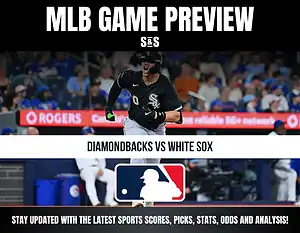 MLB game preview featuring Diamondbacks vs White Sox with a player running and MLB logo, promoting sports scores, picks, stats, and analysis.