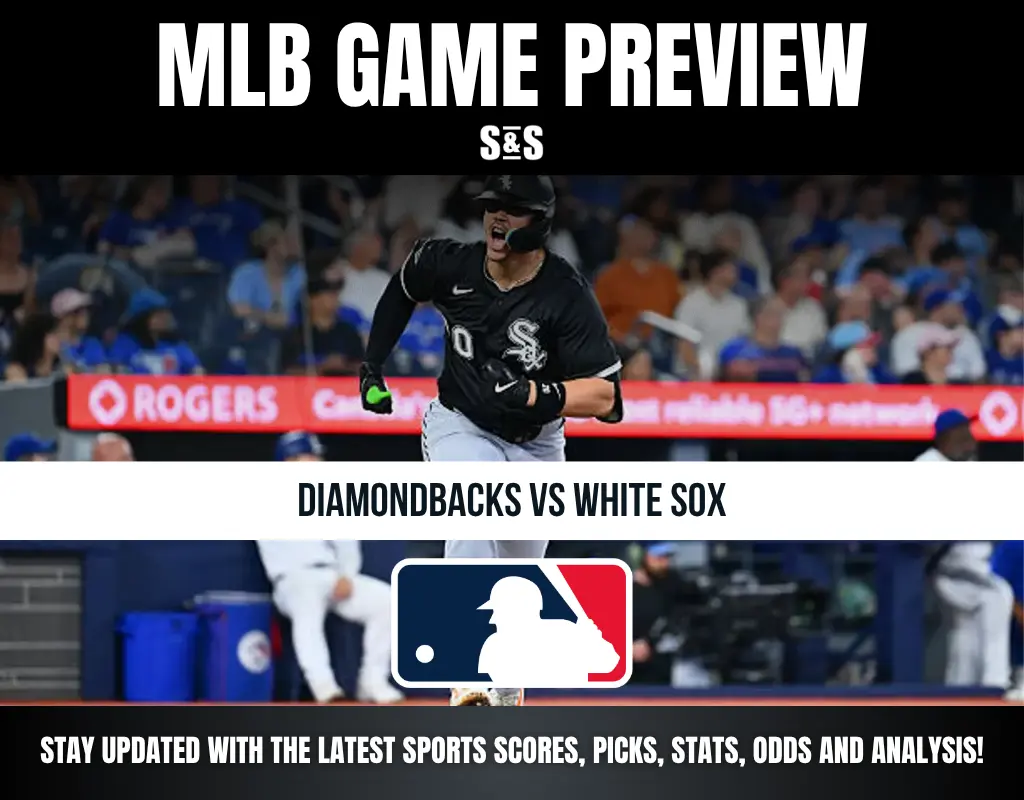 MLB game preview featuring Diamondbacks vs White Sox with a player running and MLB logo, promoting sports scores, picks, stats, and analysis.