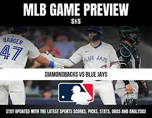 MLB game preview graphic showing Diamondbacks vs Blue Jays with players celebrating and MLB logo in the center.