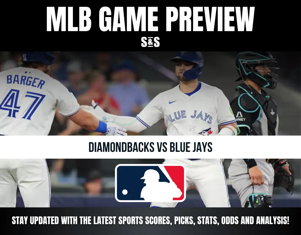MLB game preview graphic showing Diamondbacks vs Blue Jays with players celebrating and MLB logo in the center.
