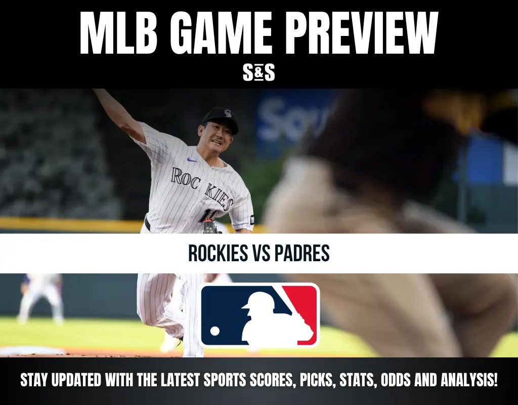 Alt text: MLB game preview for Rockies vs Padres with a pitcher in mid-throw and a batter ready to swing, MLB logo in center.