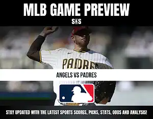MLB game preview featuring Angels vs Padres with a Padres pitcher in mid-throw and MLB logo below.