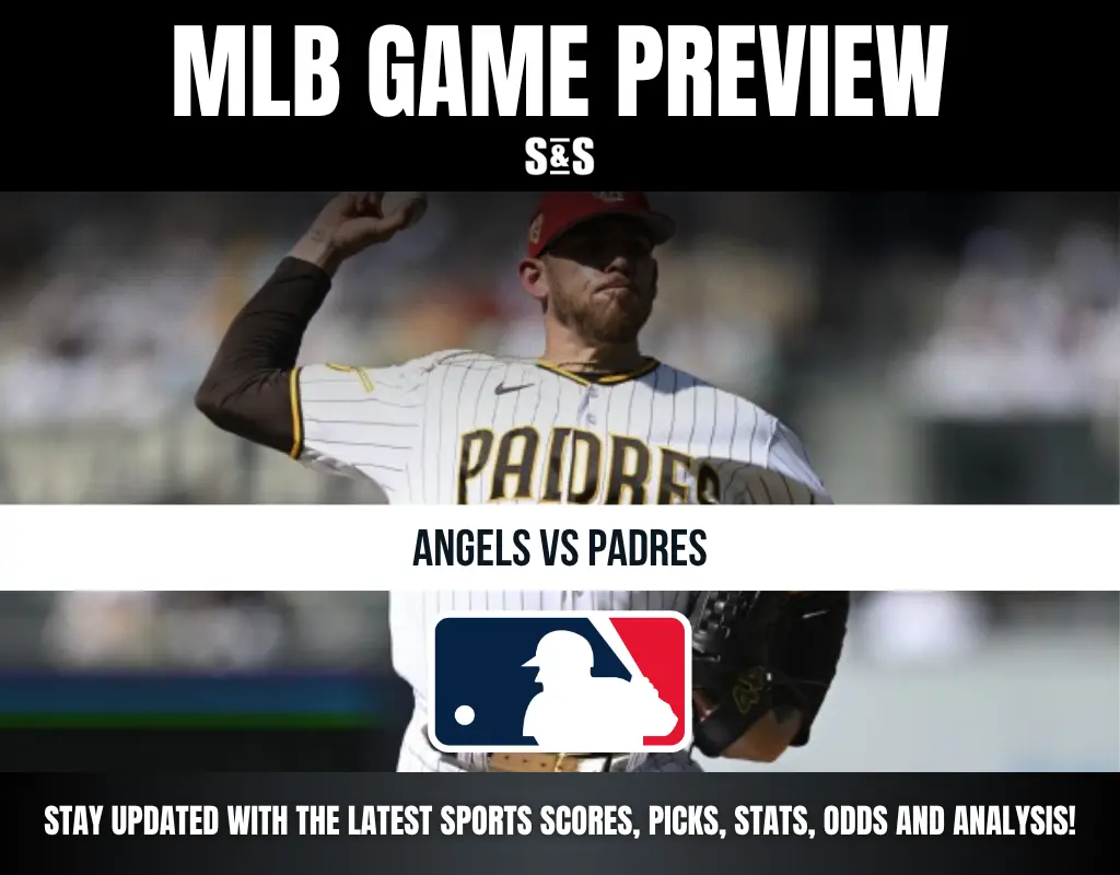 MLB game preview featuring Angels vs Padres with a Padres pitcher in mid-throw and MLB logo below.