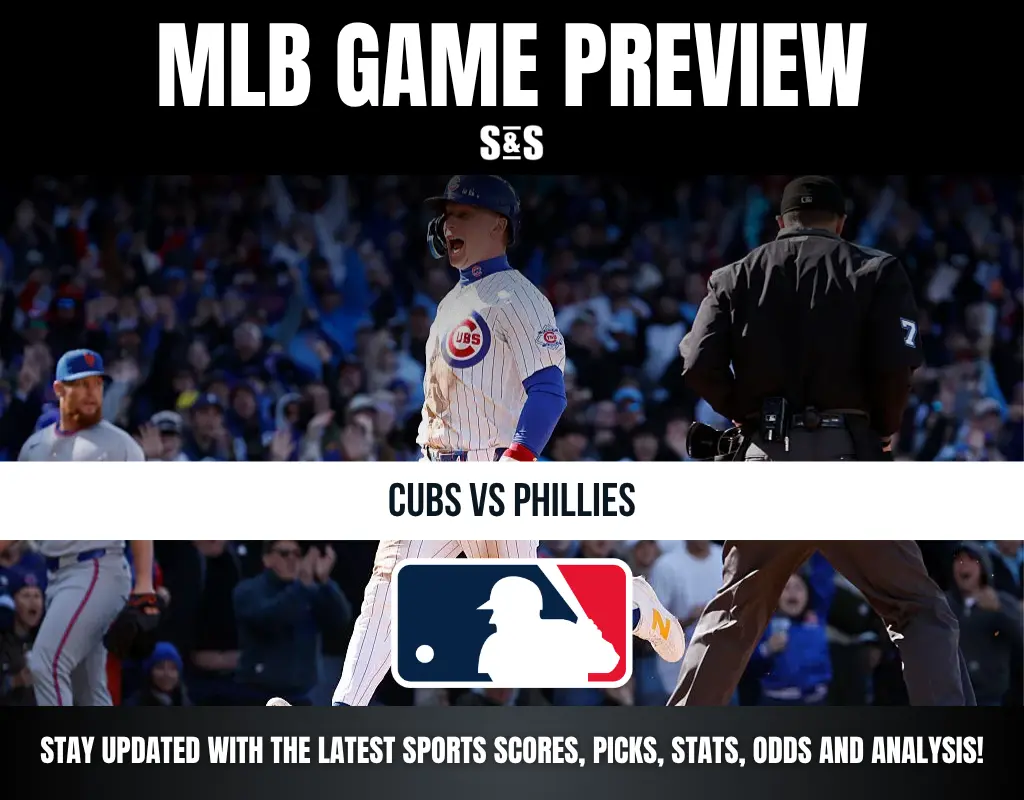 MLB Game Preview featuring Cubs vs. Phillies with a call to stay updated on the latest sports scores, picks, stats, odds, and analysis.