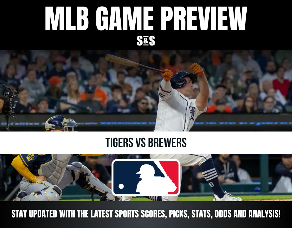 MLB Game Preview featuring Tigers vs Brewers, with a player batting and information to stay updated on sports scores, picks, stats, odds, and analysis.