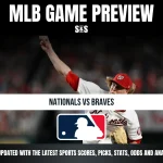 MLB Game Preview featuring Nationals vs Braves, with a background image of a pitcher throwing a baseball.