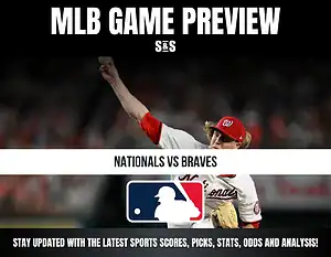 MLB Game Preview featuring Nationals vs Braves, with a background image of a pitcher throwing a baseball.