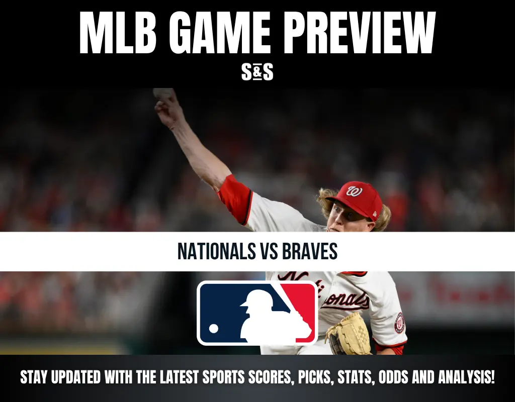 MLB Game Preview featuring Nationals vs Braves, with a background image of a pitcher throwing a baseball.