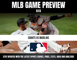 MLB Game Preview: Giants vs Marlins with images of players in action and a logo of Major League Baseball.