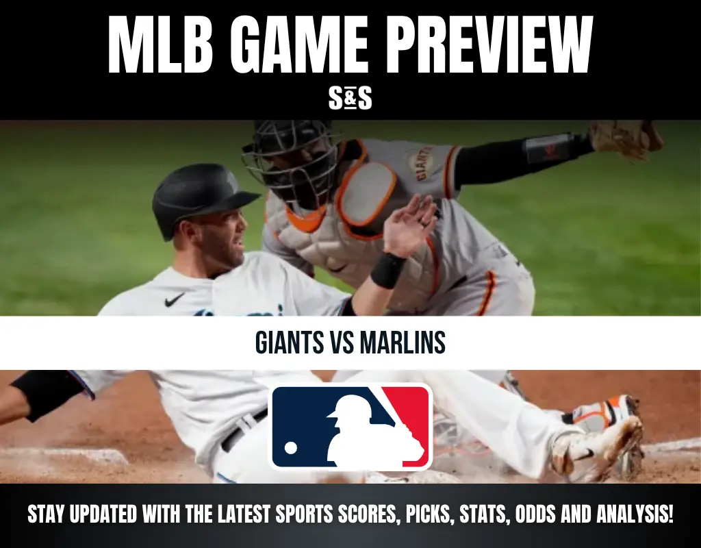 MLB Game Preview: Giants vs Marlins with images of players in action and a logo of Major League Baseball.