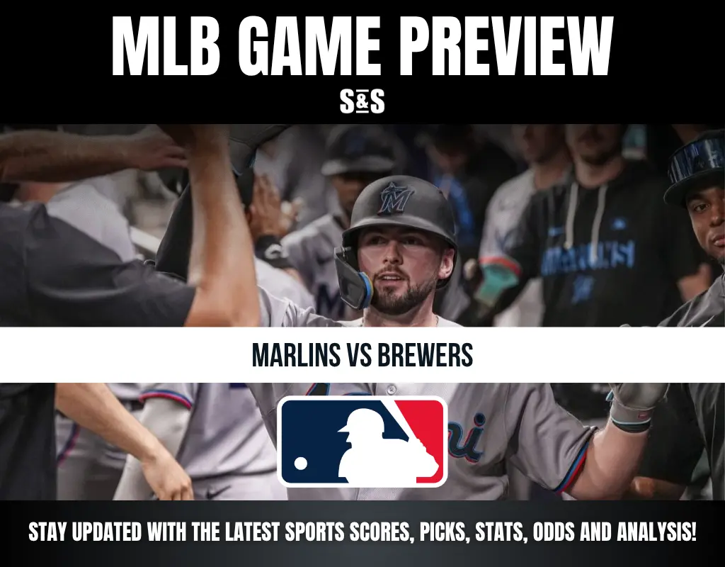 MLB Game Preview with a focus on the Marlins vs Brewers matchup, featuring images of players and fans, along with text urging viewers to stay updated on sports scores and analysis.