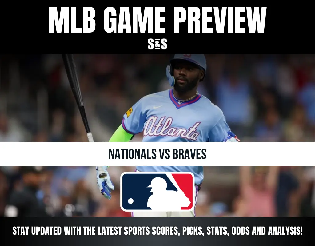 MLB Game Preview featuring Nationals vs Braves, with a player in an Atlanta uniform and promotion for sports updates.