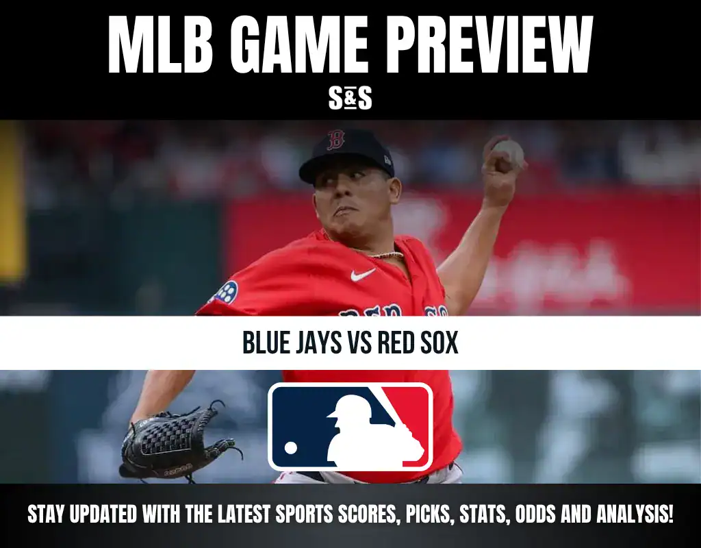MLB game preview for Blue Jays vs Red Sox featuring a Red Sox pitcher in mid-throw, with the MLB logo and update for scores and analysis.