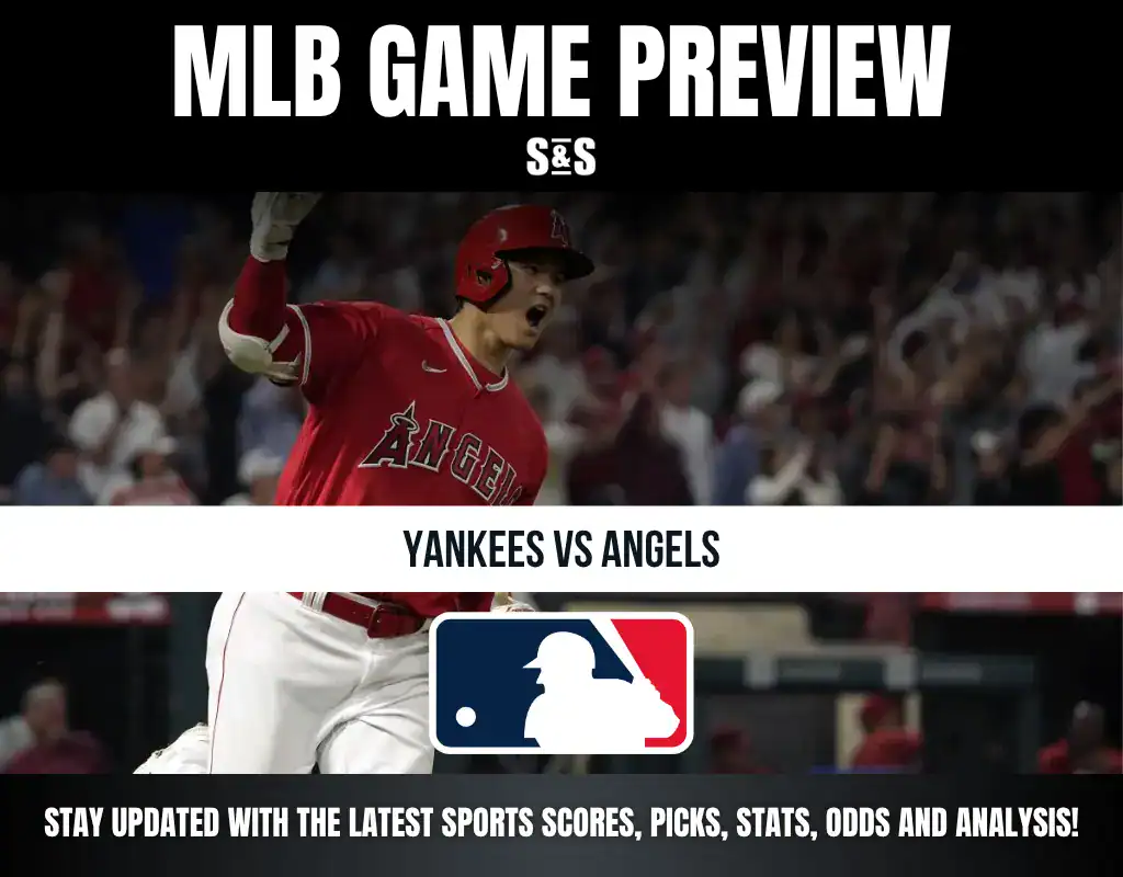MLB Game Preview featuring a player celebrating a home run, with text indicating the matchup: Yankees vs Angels. Below is the MLB logo and a message to stay updated with sports scores, picks, stats, odds, and analysis.