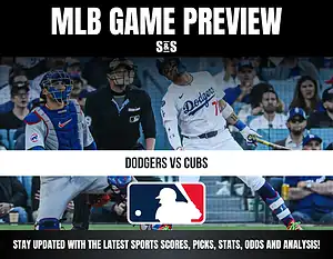 MLB Game Preview featuring the Dodgers vs Cubs, with promotional text to stay updated on sports scores, picks, stats, odds, and analysis.