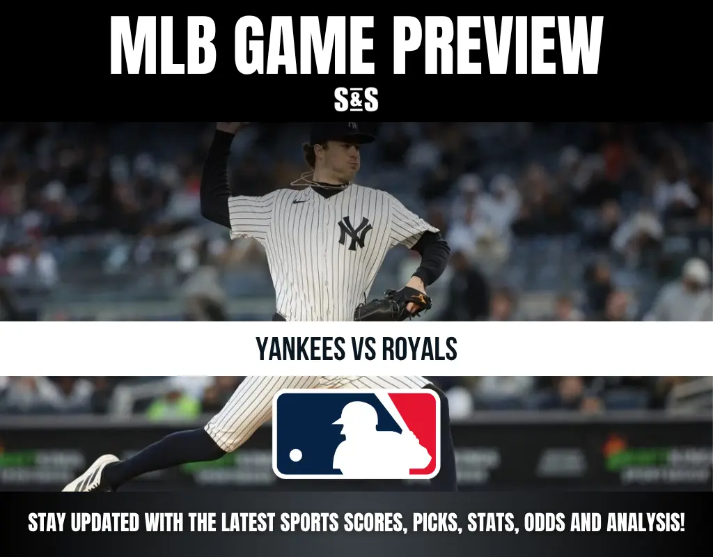 MLB Game Preview with a pitcher in a Yankees uniform, featuring Yankees vs Royals, and MLB logo.