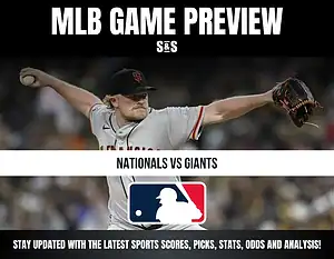 MLB game preview featuring the Nationals vs Giants, with a player from the San Francisco Giants in action.