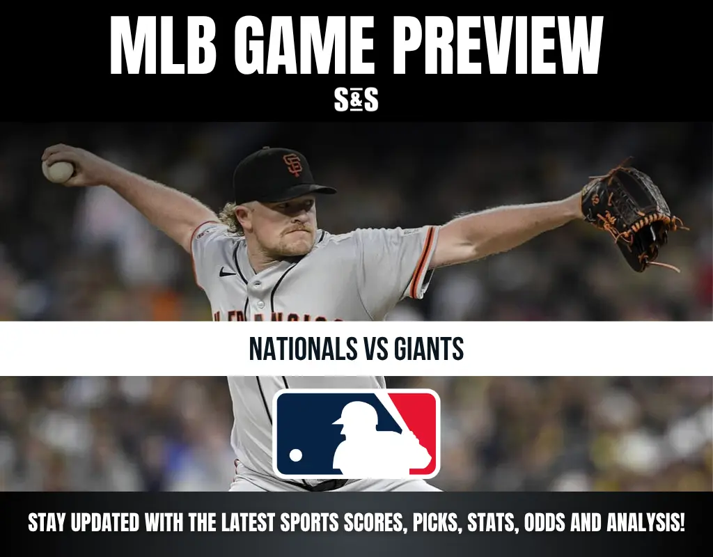 MLB game preview featuring the Nationals vs Giants, with a player from the San Francisco Giants in action.