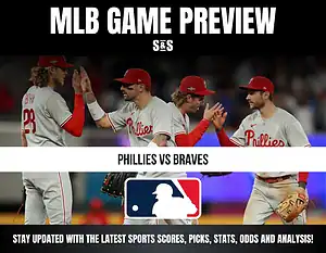 MLB Game Preview for Phillies vs Braves featuring players from the Philadelphia Phillies celebrating.