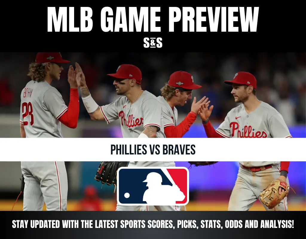 MLB Game Preview for Phillies vs Braves featuring players from the Philadelphia Phillies celebrating.