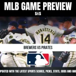 MLB Game Preview graphic featuring a matchup between the Brewers and Pirates, with players celebrating in the background.