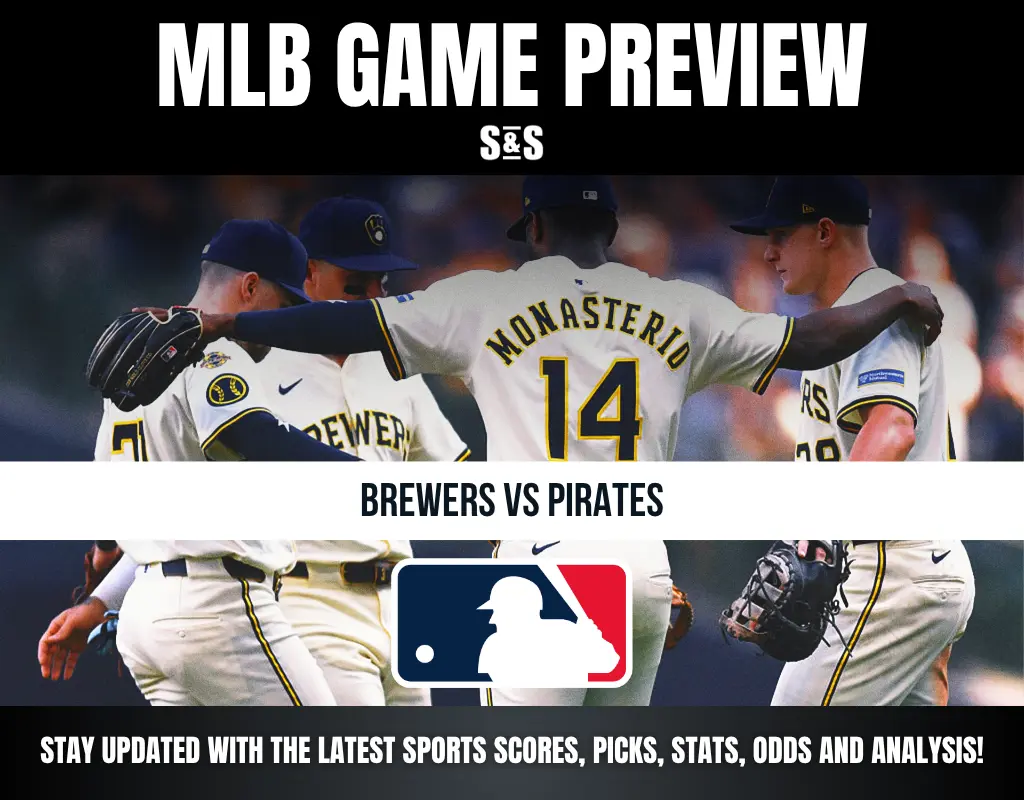 MLB Game Preview graphic featuring a matchup between the Brewers and Pirates, with players celebrating in the background.