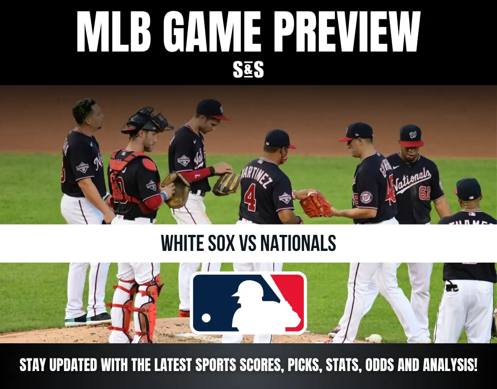 MLB game preview featuring players from the White Sox and Nationals on a baseball field.