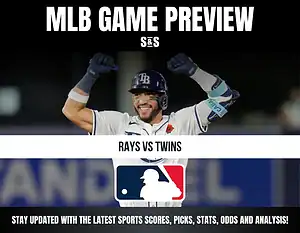 MLB Game Preview for Rays vs. Twins featuring a player celebrating with their arms raised.