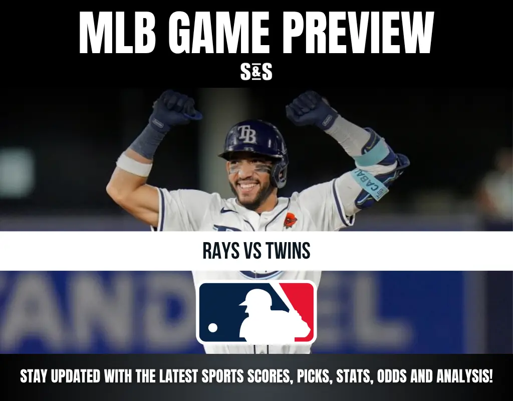 MLB Game Preview for Rays vs. Twins featuring a player celebrating with their arms raised.