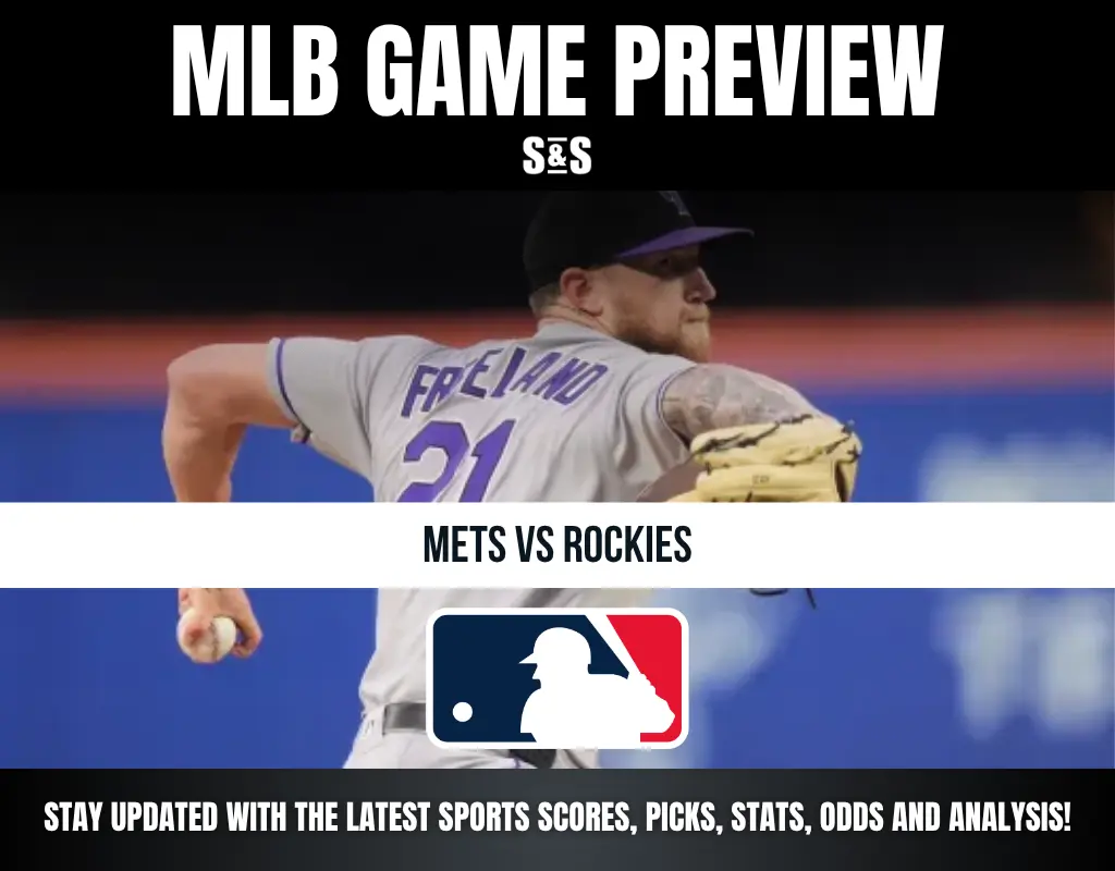 MLB game preview featuring a player in a baseball uniform throwing a pitch, with text highlighting the matchup between the Mets and Rockies.
