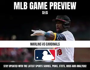 MLB GAME PREVIEW with a player from the Cardinals, featuring matchup details for Marlins vs Cardinals and an invitation to stay updated with sports scores and analysis.