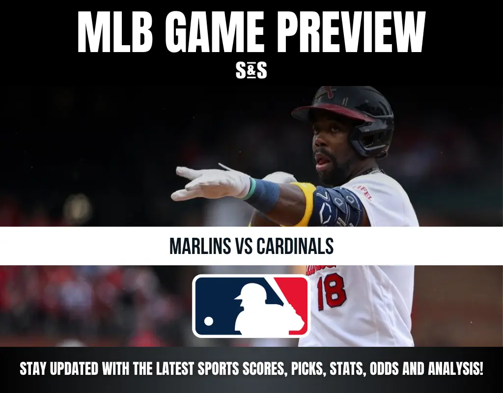 MLB GAME PREVIEW with a player from the Cardinals, featuring matchup details for Marlins vs Cardinals and an invitation to stay updated with sports scores and analysis.