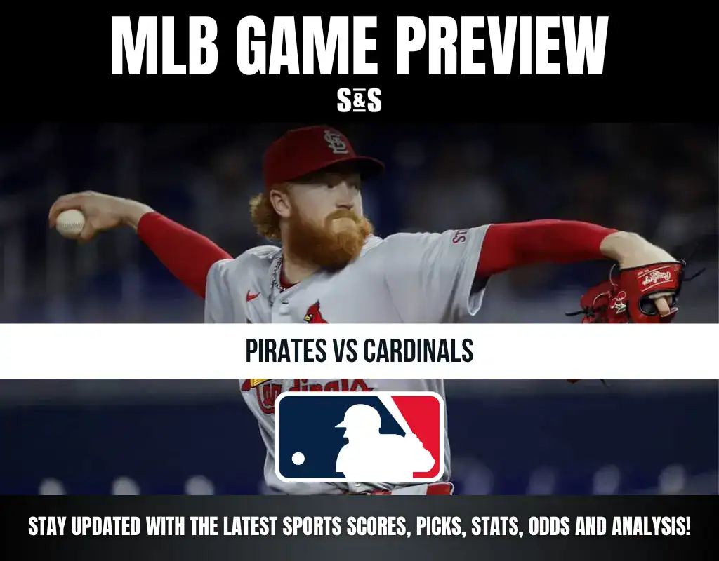 MLB Game Preview featuring the matchup between the Pirates and Cardinals, with a pitcher from the Cardinals in action. The MLB logo is displayed at the bottom.
