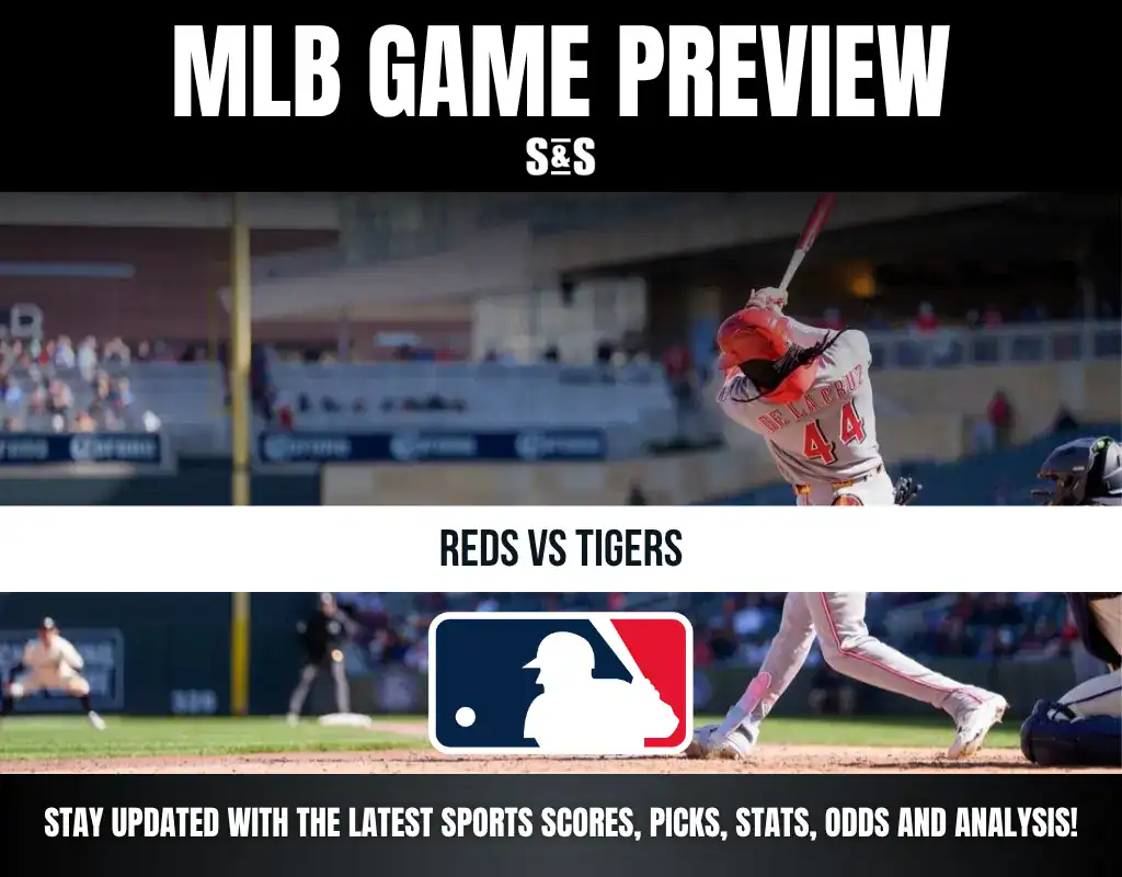 MLB Game Preview featuring a player in action, with the matchup of Reds vs Tigers and a call to stay updated with sports scores, picks, stats, odds, and analysis.
