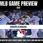 Two Dodgers baseball players fist bump during a game preview for Dodgers vs. Marlins with MLB logo and update text.