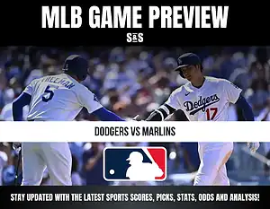 Two Dodgers baseball players fist bump during a game preview for Dodgers vs. Marlins with MLB logo and update text.