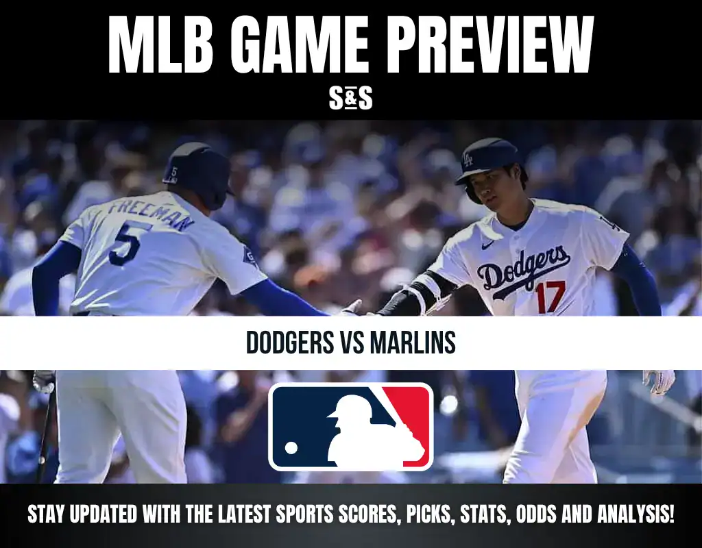 Two Dodgers baseball players fist bump during a game preview for Dodgers vs. Marlins with MLB logo and update text.