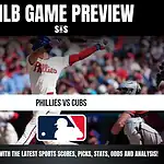 MLB Game Preview featuring a player from the Phillies swinging a bat, with text indicating the matchup between the Phillies and Cubs, and a note to stay updated with sports scores, picks, stats, odds, and analysis.