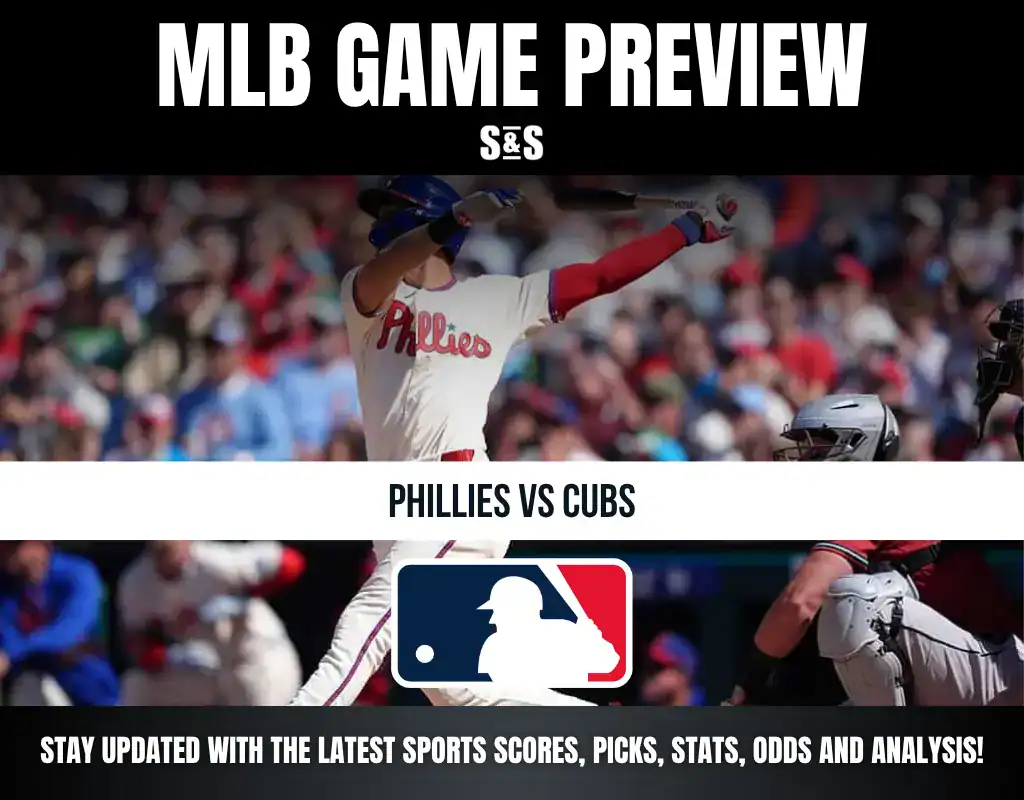 MLB Game Preview featuring a player from the Phillies swinging a bat, with text indicating the matchup between the Phillies and Cubs, and a note to stay updated with sports scores, picks, stats, odds, and analysis.