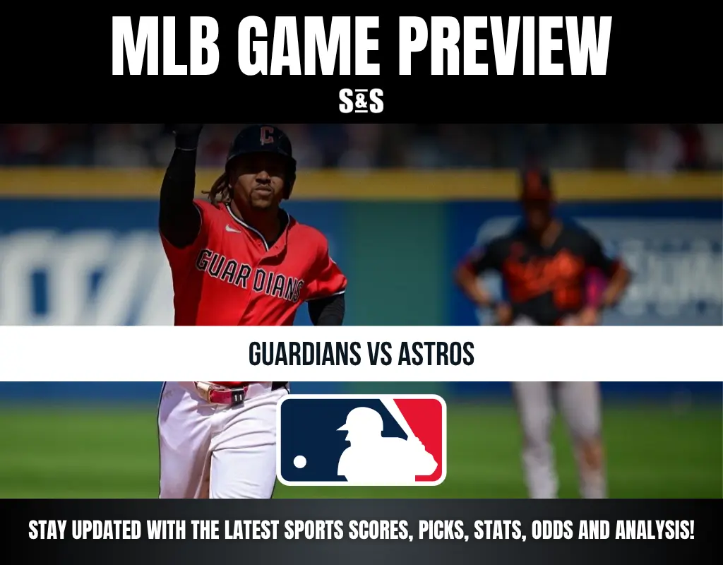 MLB Game Preview with text "Guardians vs Astros" and a logo of Major League Baseball at the bottom.