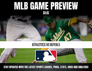 MLB Game Preview featuring Athletics vs. Royals, with a graphic showing a player in an Oakland Athletics jersey.