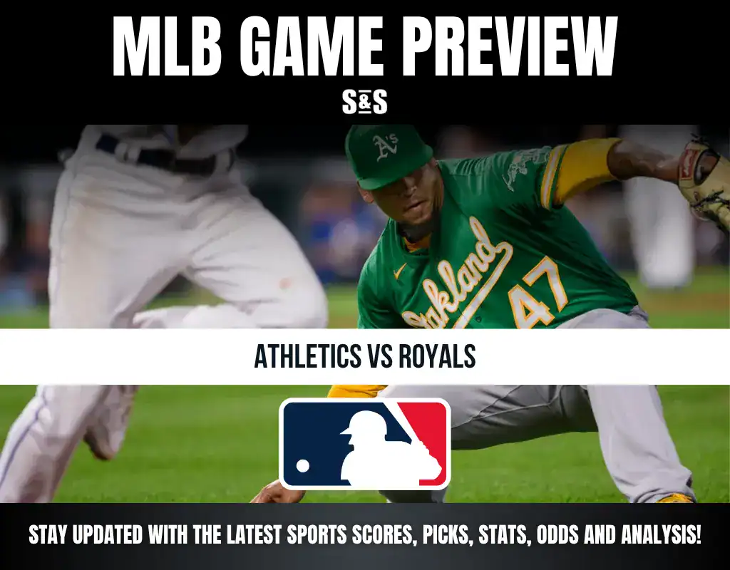 MLB Game Preview featuring Athletics vs. Royals, with a graphic showing a player in an Oakland Athletics jersey.