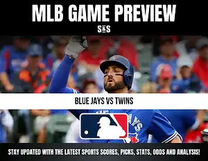 MLB Game Preview featuring Blue Jays vs Twins with a background of a baseball player celebrating.