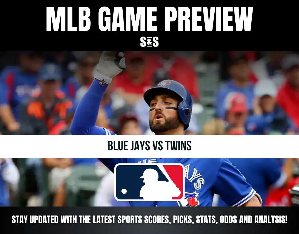 MLB Game Preview featuring Blue Jays vs Twins with a background of a baseball player celebrating.