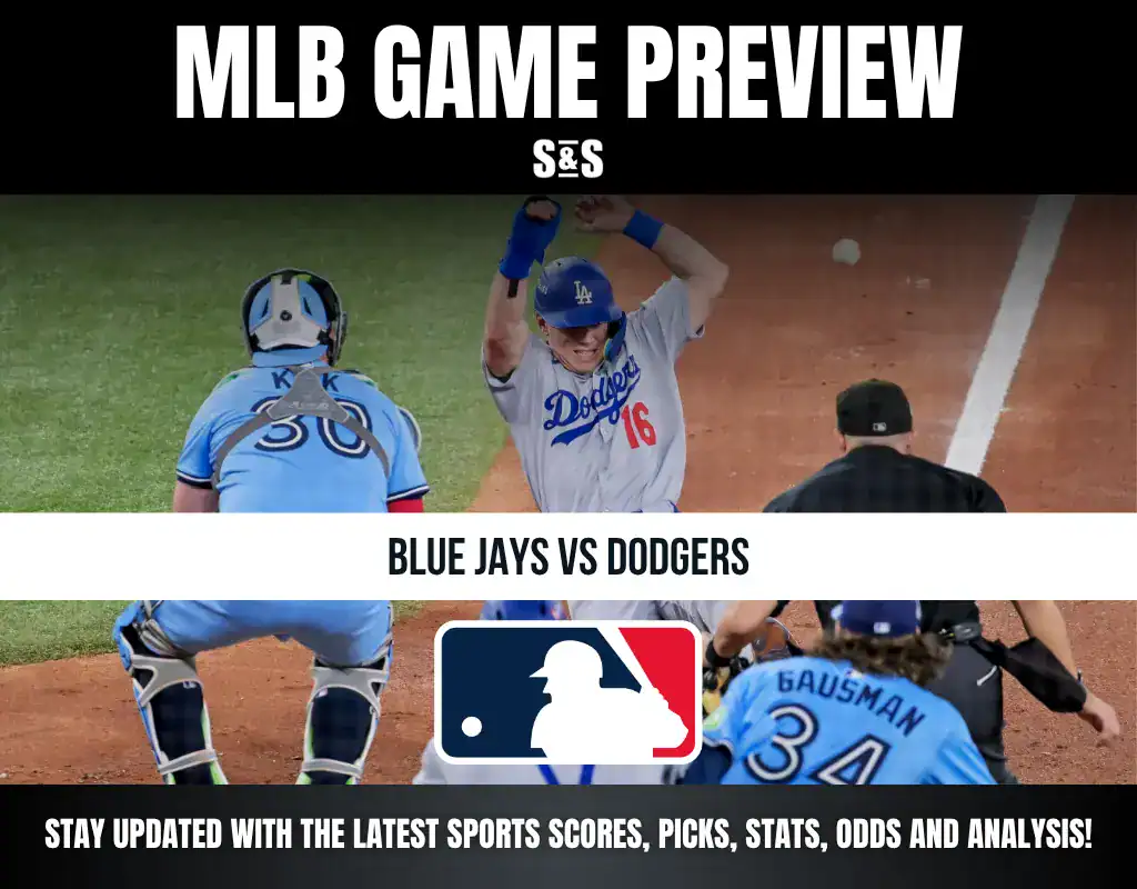 MLB game preview featuring a matchup between the Blue Jays and Dodgers, with an image of players in action.