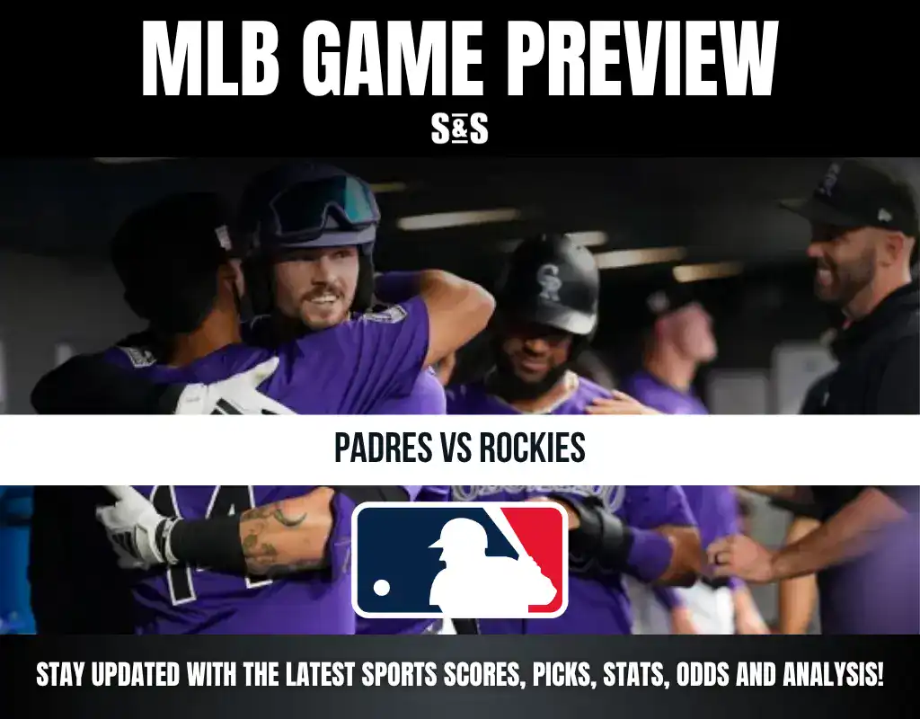 MLB Game Preview with a focus on the Padres vs Rockies, featuring players celebrating and a Major League Baseball logo.