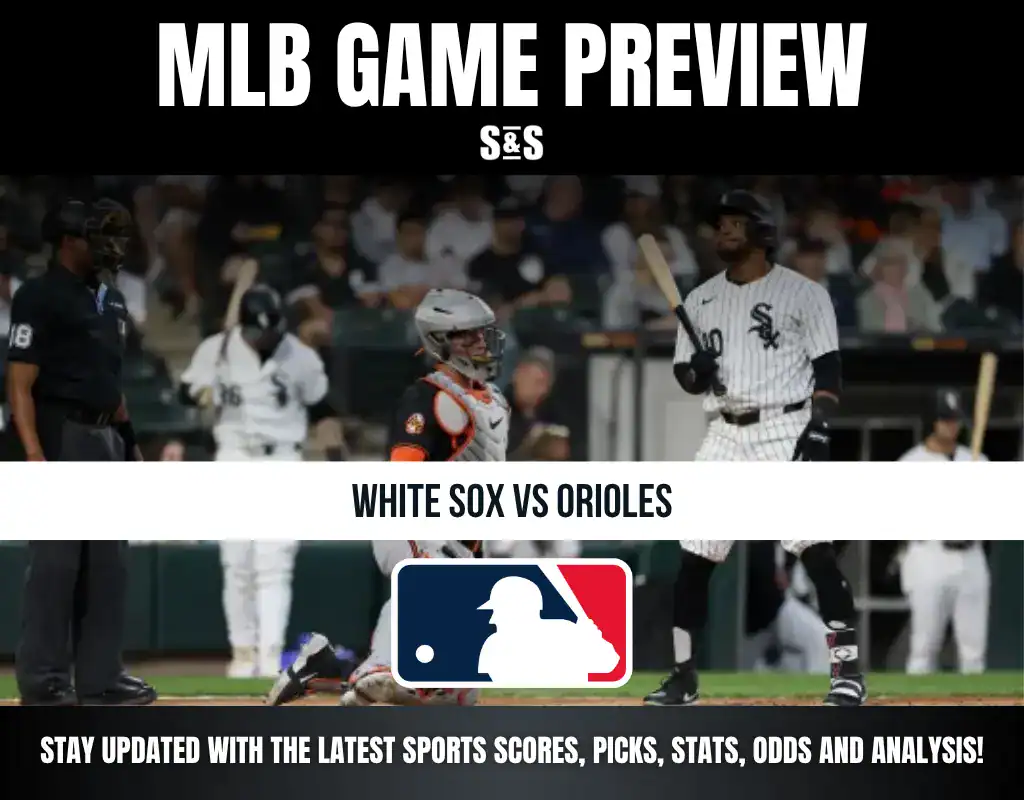 MLB Game Preview for White Sox vs Orioles, featuring players on the field and a logo of Major League Baseball.