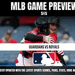 MLB Game Preview for Guardians vs Royals, featuring two players celebrating with a hug.
